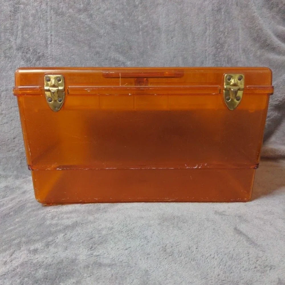 Vtg Wil-Hold Amber Orange Translucent Plastic Sewing Box MCM Case Gold Floral